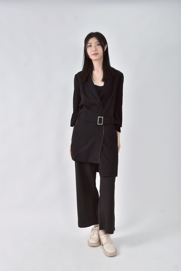 (L) charinyeh秋冬西裝羊毛棉質排扣黑色綁帶洋裝