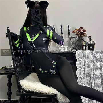 七了個三 「機械特工01」原創機械印花暗黑朋克賽博鏤空連體內衣