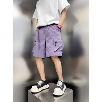 夏季新款涼感舒適拉鏈口袋短褲痞帥戶外速干沙灘褲腰帶設計五分褲