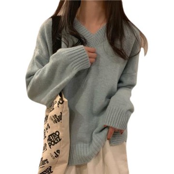 V領毛衣女寬松上衣秋冬新款溫柔復古韓版慵懶風打底針織衫加絨厚