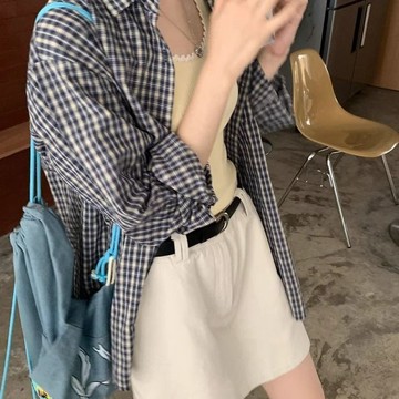復古格子襯衫 襯衣 襯衫 上衣 外套 藍色複古格子顯瘦襯衫長袖百搭慵懶寬鬆休閒春秋上衣 韓係女裝 大尺碼女裝 夏天女裝