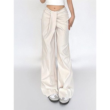 FUNOFF慵懶素色不規則設計低腰休閑褲女寬松簡約2025春夏闊腿長褲