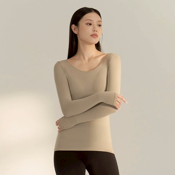 短絨磨毛輕量保暖衣-大圓領 - L / 奶茶色