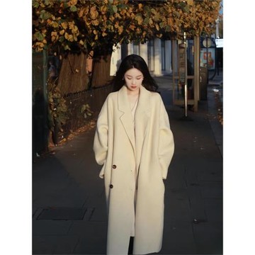 澳毛廓形雙面呢外套慵懶寬松氣質羊毛嬰駝絨加厚中長款大衣白月光