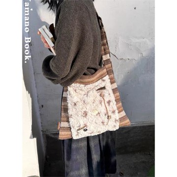 秋冬新款復古毛毛拼接單肩包大容量托特包毛呢小眾通勤斜挎包女