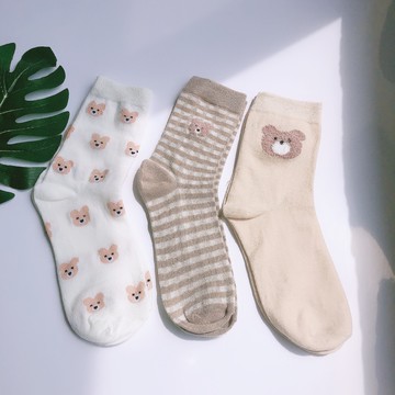 大唐襪業 D439創意棕色小熊襪子中筒襪日係可愛小清新百搭學生襪短襪