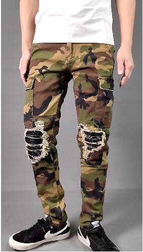 FINDSENSE X 2024 街頭潮褲 多口袋修身 工裝迷彩 破洞補丁 直筒牛仔褲 小腳褲