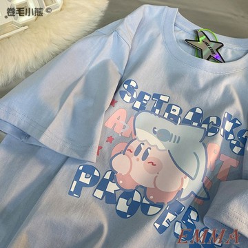 特大尺碼150公斤鯊魚卡比短袖t卹女胖mm夏季新款寬鬆遮肉韓版美式上衣卡通印花甜美清新氣質百搭短袖T恤oversize