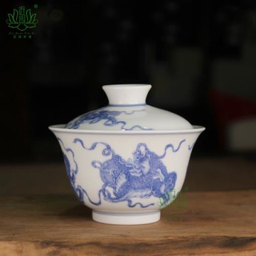 景德鎮青花獅子繡球蓋碗茶杯二才杯天義華泡茶碗陶瓷茶具