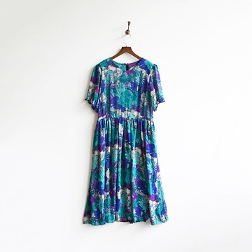 【蛋植物古著】青源花洋印花短袖古著洋裝