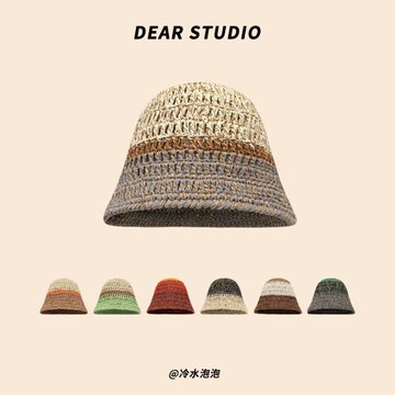 日系拼色針織復古棉麻漁夫帽子女春夏百搭水桶帽顯臉小遮陽盆帽潮