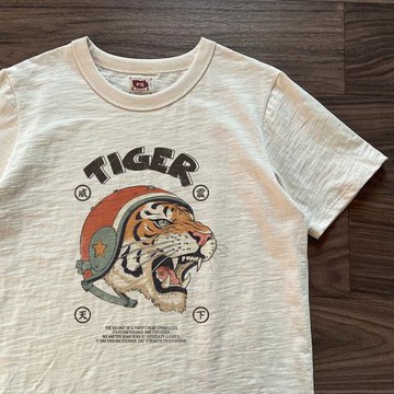 謝先紳 夏季復古老粗布t恤男士老虎印花威震天下圓領休閑純棉短袖