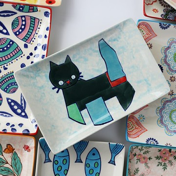 手繪陶瓷長方盤子創意家用菜盤壽司盤可愛少女系列碟子平盤釉下彩