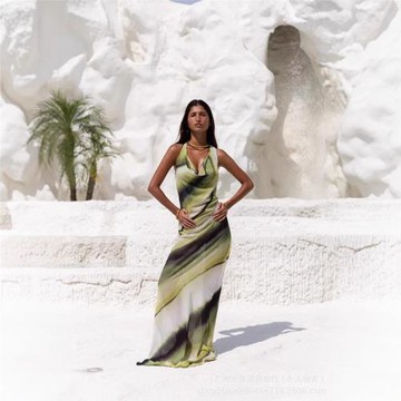 亞馬遜歐美ins性感V領修身包臀露背長裙數碼印花韓國絲吊帶連衣裙