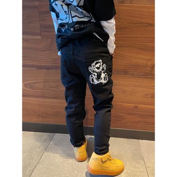 男童黑色牛仔小腳修身褲子2025春秋新款印花寶寶小中大兒童長褲潮