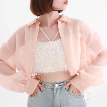 A01030日單甜美春夏新客供料單排扣寬松抽繩系帶女短款長袖襯衫