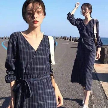 GOFO 長袖洋裝 韓系穿搭 顯瘦V領 縮腰綁帶 A字裙 格子中長版洋裝 連身裙 連衣裙 一般碼 中大碼 2色 春夏女裝