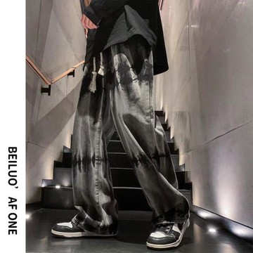 北駱潮流水洗扎染牛仔褲男時尚春秋寬松直筒潮牌日系原宿風褲子潮