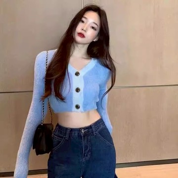 秋V領單排扣露肚短版針織衫小外套