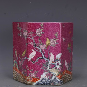 清乾隆刻花琺瑯彩花鳥六方筆筒仿古瓷器家居文房中式擺件古玩收藏1入