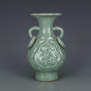 宋龍泉窯梅子青雙耳瓶 仿古瓷器 古董古玩 舊貨老貨收藏品擺件