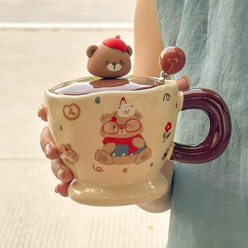 新品⭐可愛小熊陶瓷馬克杯帶蓋勺家用喝水杯情侶早餐咖啡牛奶杯生日禮物造型質感馬克杯 陶瓷韓國ins生日禮物 閨蜜女生 PT