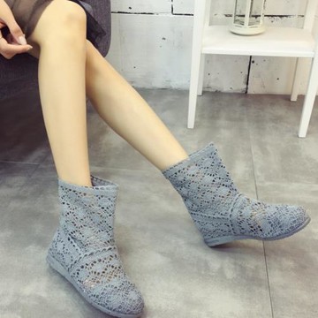 新款春夏鏤空針織網布涼靴平底增高短靴編織涼靴透氣時尚潮流女鞋