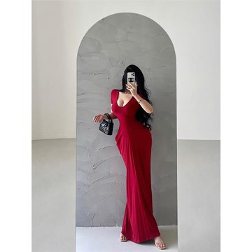 YoungGirlDay 歐美卡戴珊性感深V收腰修身褶皺裙擺短袖連衣裙長裙