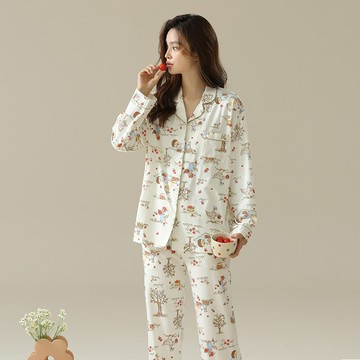 【巴黎精品】現貨+預購 女居家睡衣套裝長袖休閒服秋冬睡袍睡褲-純棉翻領小動物印花女休閒服w1ad13