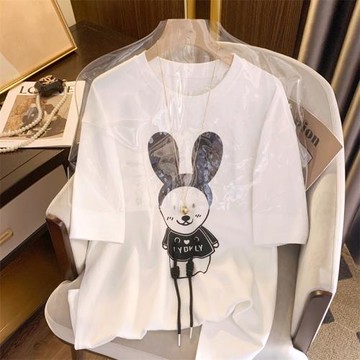重工燙鉆兔子字母系帶T恤女時尚休閑設計感內搭半袖上衣夏裝新款