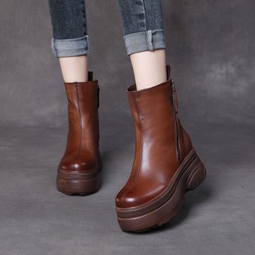 厚底馬丁靴女2024秋冬新款真皮英倫風圓頭女靴高跟坡跟松糕短靴潮
