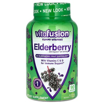 VitaFusion, 維生素軟糖，含有維生素 C 和 D 的接骨木漿果，天然漿果味，90 粒軟糖