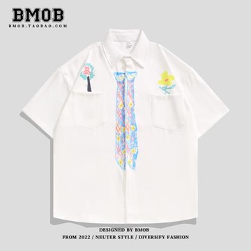 BMOB日系小眾手繪涂鴉領帶印花襯衫男女高級感痞帥穿搭短袖襯衣潮