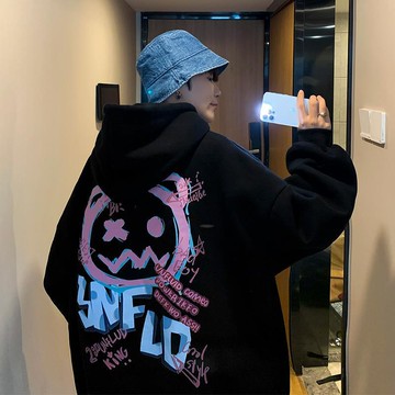 當天出貨 秋冬季 內刷毛套頭衛衣男 炸街嘻哈塗鴉上衣 常規型長袖潮牌ins 青春潮流學生印花流蘇 百搭寬鬆連帽男生外套