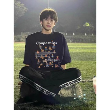 100%純棉美式復古潮牌小熊情侶裝寬松短袖T恤男潮流oversize體恤