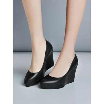 春秋季新款真皮坡跟單鞋女尖頭厚底防水臺工裝職業復古高跟女鞋