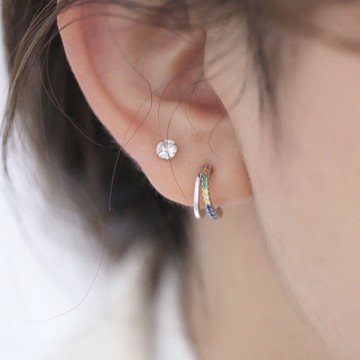 彩鑽C字耳環 N14 日韓流行時尚 彩虹雙層C字耳環 彩鑽歐美耳圈 銀色耳針