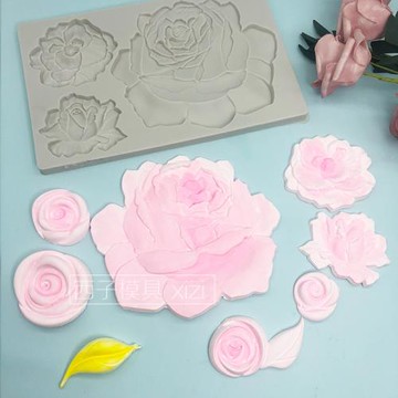 牡丹花巧克力翻糖硅膠模具花開富貴蛋糕裝飾烘焙工具玫瑰花滴膠模