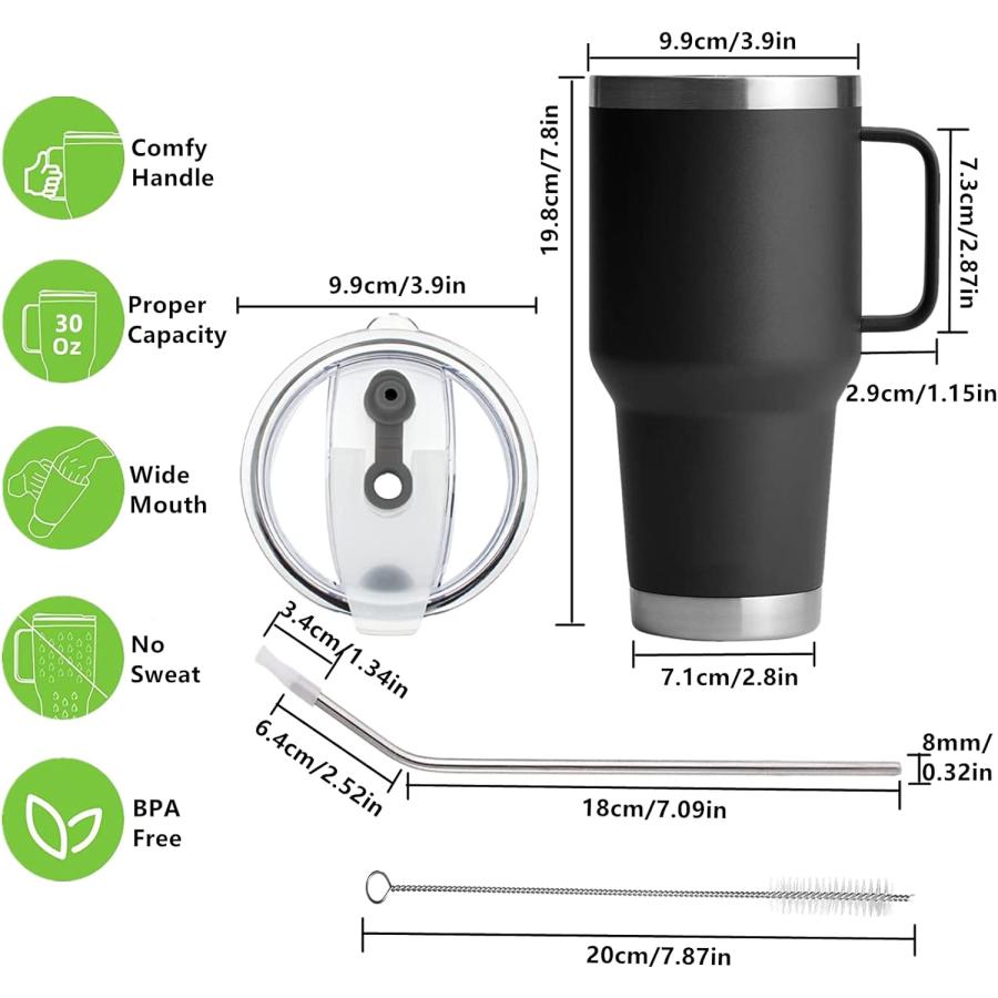 EQARD Tumbler with Handle Straw Cup 30 oz Travel Mug with Leakproof Lid Vacuum Insulated Stainless Steel Mug with Straw and Brushes All BPA Free Fa