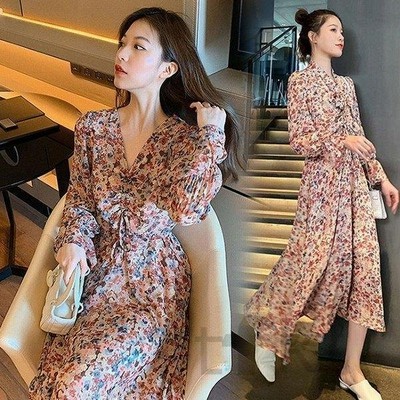 ワンピース レディース 40代ワンピース 春夏 きれいめ マキシワンピース 長袖 花柄ワンピース Vネック オシャレ 通勤 結婚式ドレス お出かけ 大人 通販 Lineポイント最大get Lineショッピング