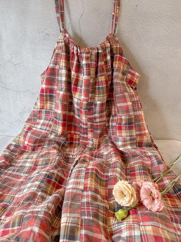 【快速出貨】抽繩後綁帶寬版吊帶連身褲-棉質格紋拚接磚紅色系