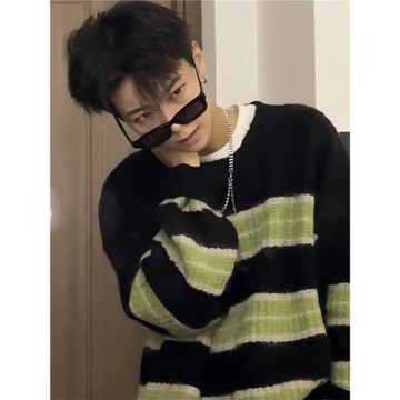 撞色條紋毛衣男美式復古慵懶風hiphop潮牌針織衫情侶裝高級感外套