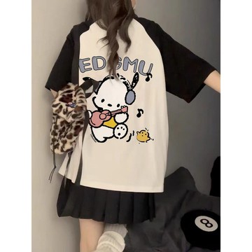 【砂糖夢境】夏季新款狗狗插肩袖撞色短袖t恤女設計感學院學生寬鬆ins風上衣