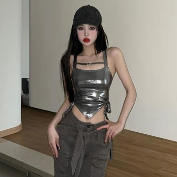 KLIOU 酷颯炸街辣妹雙邊抽繩不規則背心女設計感褶皺顯瘦修身上衣
