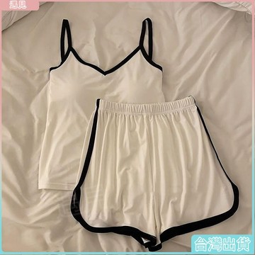 台灣出貨🍓涼感冰絲睡衣女夏季弔帶背心帶胸墊薄款套裝傢居服