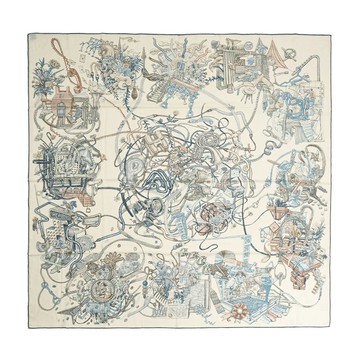 Hermes 愛馬仕 Le Monde d'Hermès 手工捲邊真絲混紡140披肩 (白色/板岩深灰/大象灰)_廠商直送