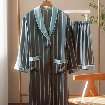 睡袍春夏長袖男款冰絲薄款睡衣浴衣家居服套裝四季高級感浴袍絲綢