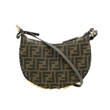 Fendi 展示品 Mini Graphy 復古金logo緹花布彎月二用包(8BS081-咖)