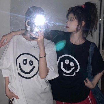 La Belleza圓領圓形笑臉印花長版棉質T恤