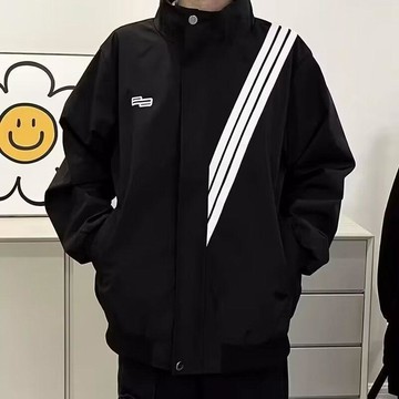 春秋大碼帥氣立領條紋刺繡小標男潮牌加肥加大機能夾克百搭情侶裝